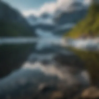 A serene lake reflecting the glacier, capturing its majesty