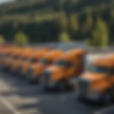 A variety of trucks lined up at a transportation hub