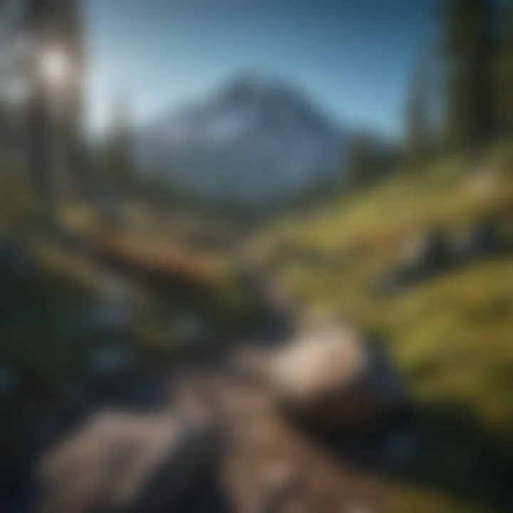 A hiker navigating a rocky trail with the backdrop of a clear blue sky