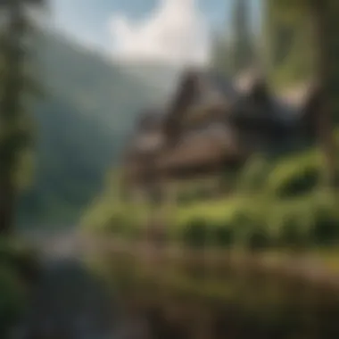 Multnomah Lodge Amidst the Lush Forest Landscape A panoramic view of the lodge with the lush forest backdrop.