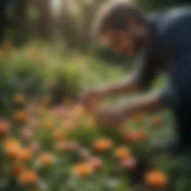 A gardener tending to a garden bed filled with healthy Ranunculus plants