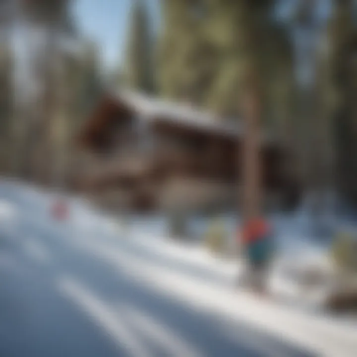 Group of skiers enjoying the slopes near a picturesque ski lodge