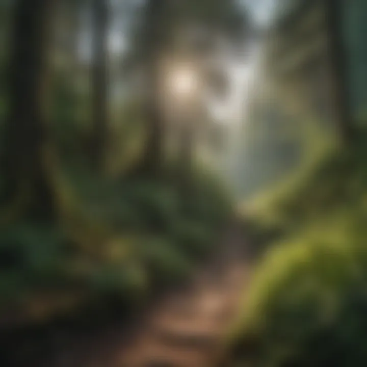 A rugged trail surrounded by towering trees and lush greenery