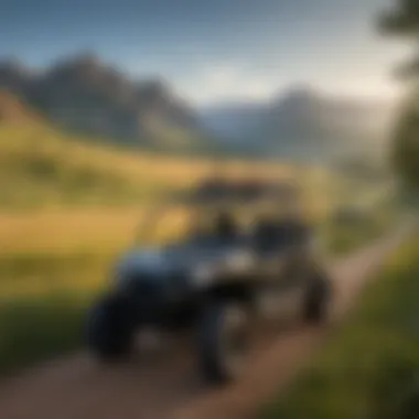 Group of UTVs on an open trail with mountains in the background