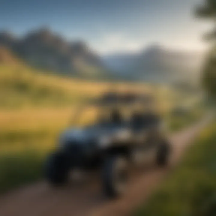 Group of UTVs on an open trail with mountains in the background