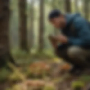 An expert forager examining a new mushroom species, with a field guide opened beside them for reference.