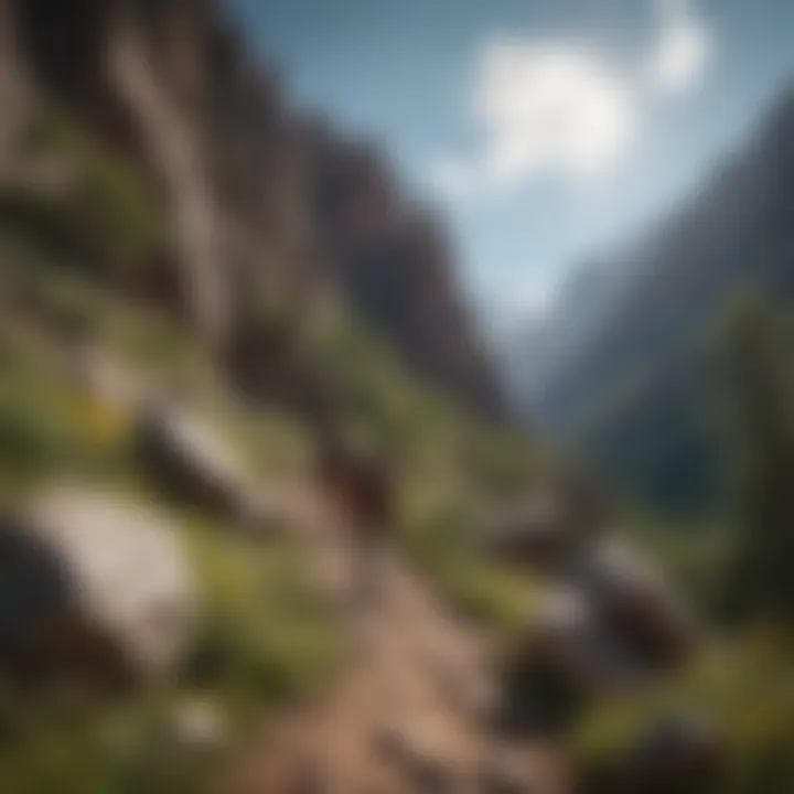 A hiker navigating a rocky path with impressive geological formations