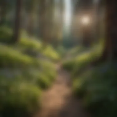 Tranquil Forest Pathway A serene forest trail surrounded by tall trees and vibrant wildflowers