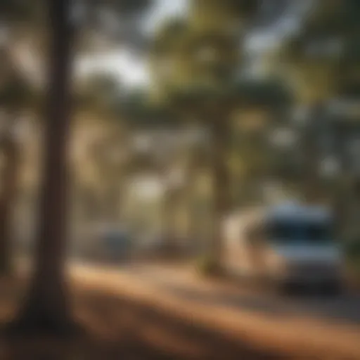 Scenic view of a Texas RV campground with tall trees