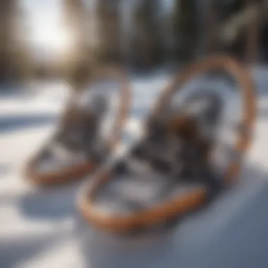 Close-up of snowshoes resting on pristine snow