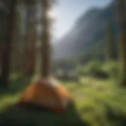 Lush green campsite surrounded by towering mountains