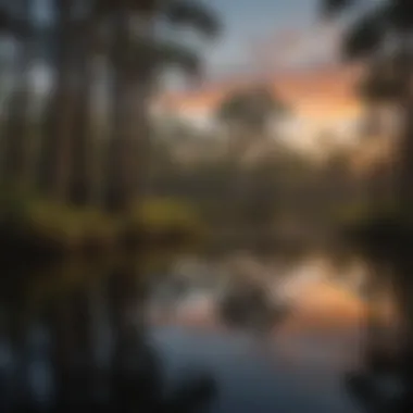 A serene landscape of a Florida swamp at dusk, reflecting the vibrant colors of the sky