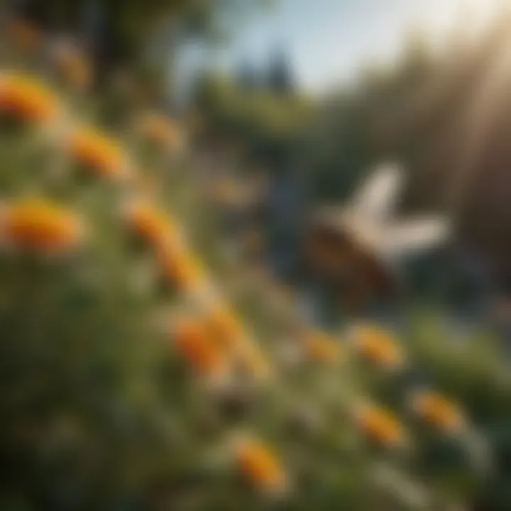 A peaceful garden scene with bees busily pollinating flowers