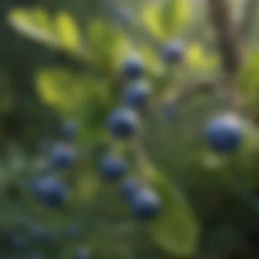 Close-up of fresh bilberries on a branch, showcasing their vibrant color and texture.