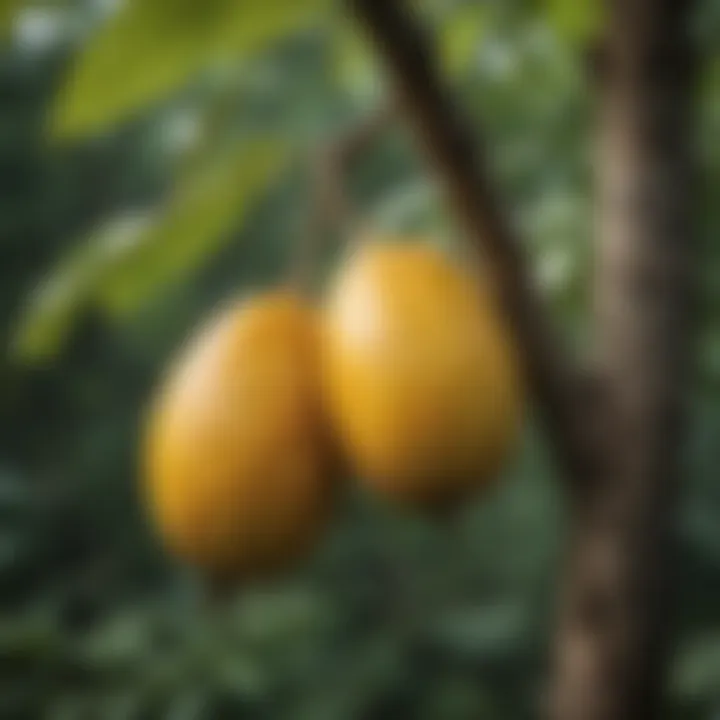 A close-up of a pawpaw fruit hanging from a branch.