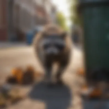 A bustling urban street with a raccoon foraging near trash bins