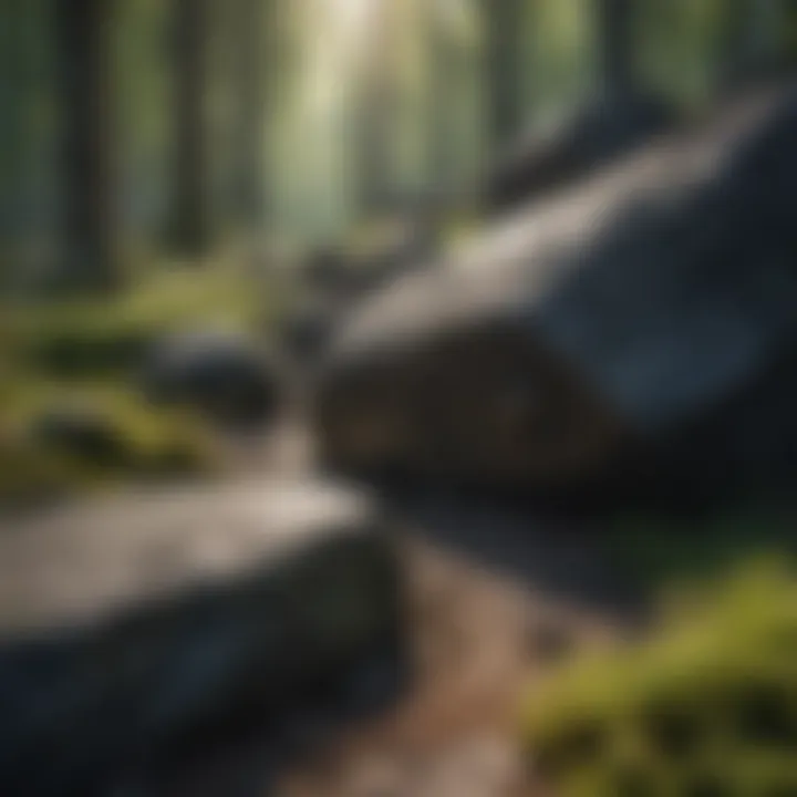 Close-up of black rocks in a forest setting