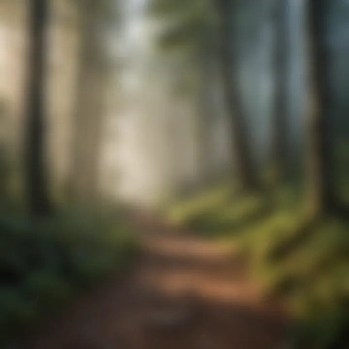 A serene hiking trail winding through a misty woodland