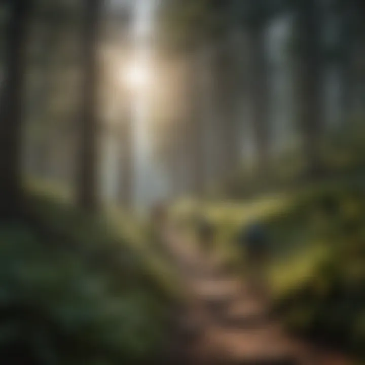 Hikers navigating the winding path of the Skyline Trail surrounded by towering trees