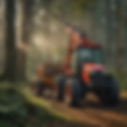 Tree shear attachment mounted on a tractor in a forest setting