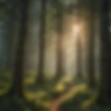 Evergreen trees with lush foliage in a serene forest setting.