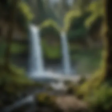 Breathtaking Waterfall in Olympic Peninsula A breathtaking waterfall cascading down rocky cliffs surrounded by lush greenery