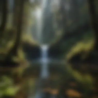 Serene Pool at Waterfall Base A serene pool at the base of a waterfall reflecting the surrounding forest