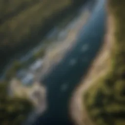 Aerial view of a white water centre showcasing its intricate design and water features.