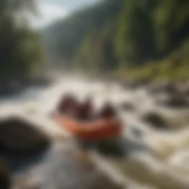 Adventurers Navigating Rapids A group of adventurers navigating white water rapids