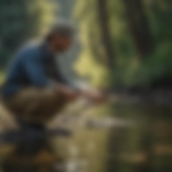 Angler practicing sustainable fishing techniques along the riverbank