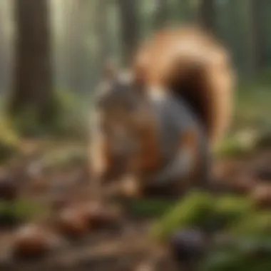 A busy squirrel gathering acorns on the forest floor