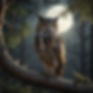 An owl perched silently on a branch under moonlight