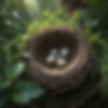 Bird Nest in Natural Surroundings A close-up view of a nest with eggs hidden among foliage.