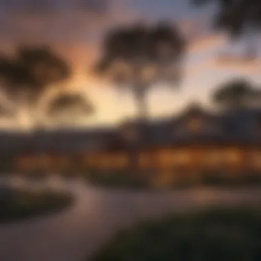 Harris Ranch at Dusk Exterior view of Harris Ranch during sunset