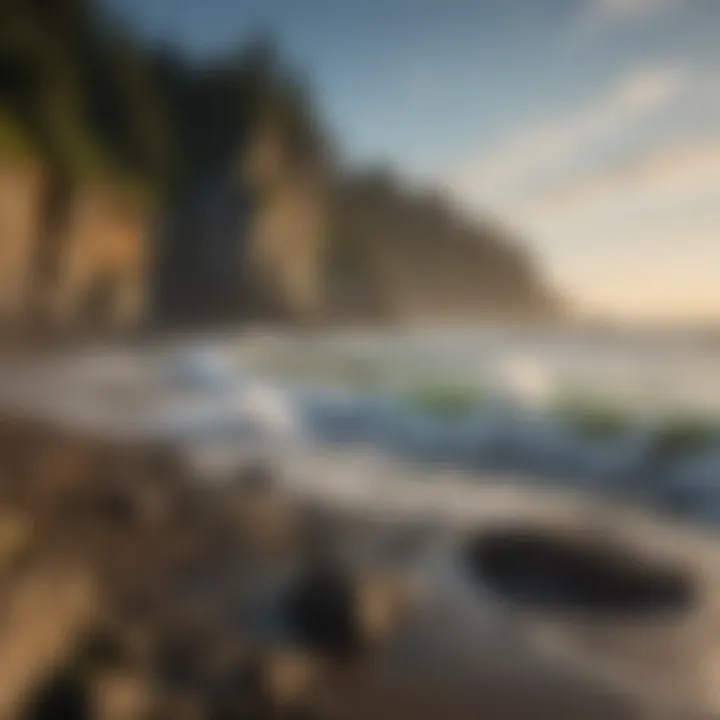 A rocky coastline with waves crashing against the cliffs in Olympic National Park