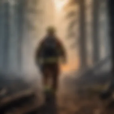 Emergency Response in Action A close-up view of a firefighter responding to a forest fire