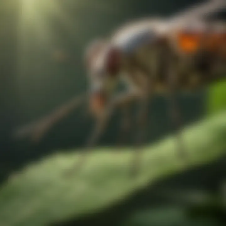 Close-up of a mosquito feeding on a leaf