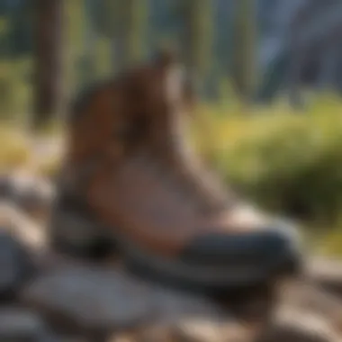 Close-up of hiking boots on rocky terrain