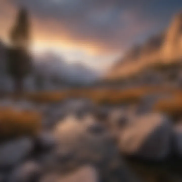 Panoramic view of Mt. Whitney at dawn with glowing peaks