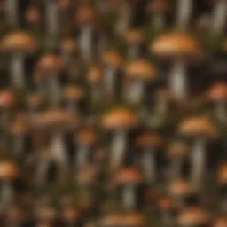 An intricate display of various mushroom species in their natural habitat.
