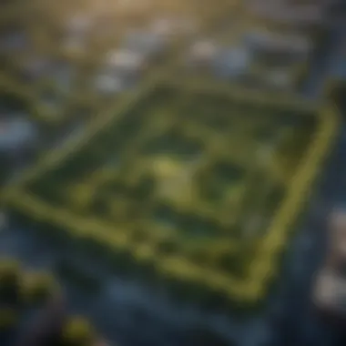 An aerial view of urban areas with lawns and green roofs