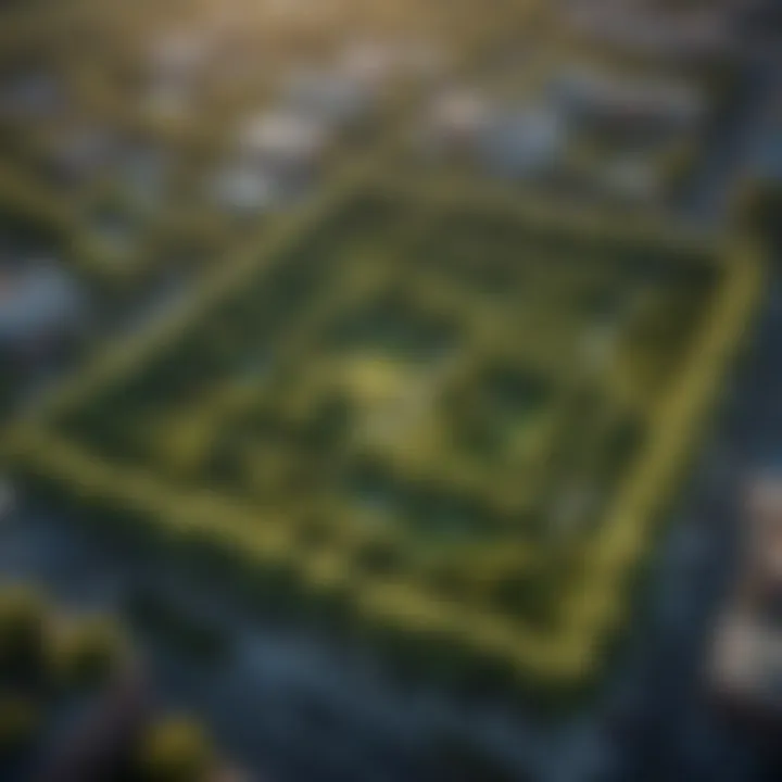 An aerial view of urban areas with lawns and green roofs