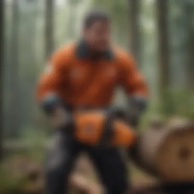 An individual demonstrating chainsaw safety gear and precautions