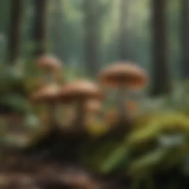 Wild Mushrooms in Their Natural Habitat A vibrant array of wild mushrooms in a lush forest setting.