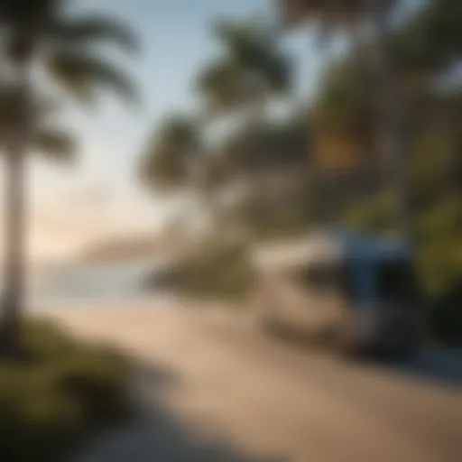 Scenic coastal view with RVs parked along the shore