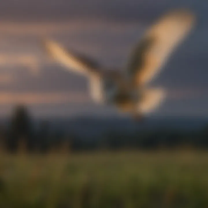 A Barn Owl gliding silently over a field at dusk, showcasing its unique silhouette.