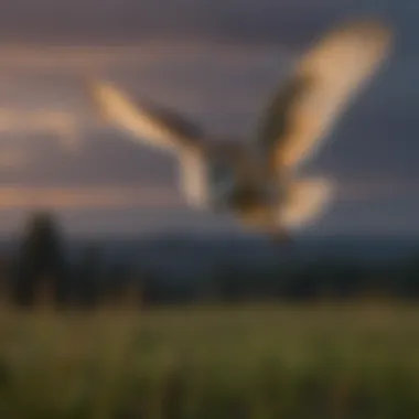 Barn Owl in Flight at Dusk A Barn Owl gliding silently over a field at dusk, showcasing its unique silhouette.
