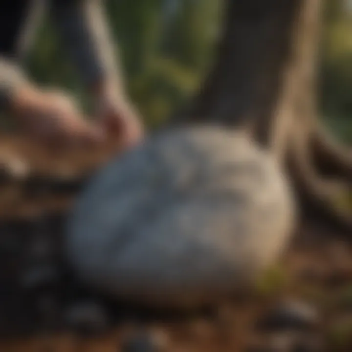 An individual placing a decorative stone at the base of a tree