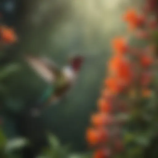 A vibrant hummingbird hovering near a flowering plant