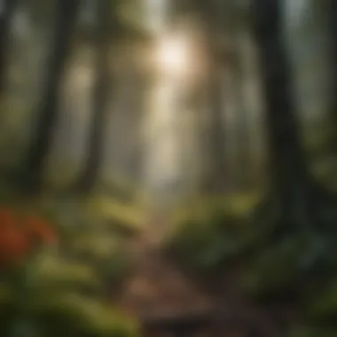 Dynamic Forest Ecosystem A lush forest scene showcasing diverse plant life and flying birds